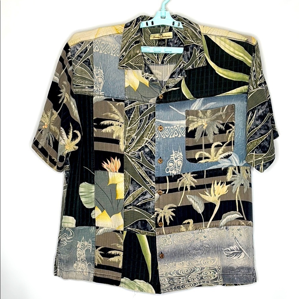 Tommy Bahama Silk Short Sleeve Shirt, Size L, Gray Blue & Black